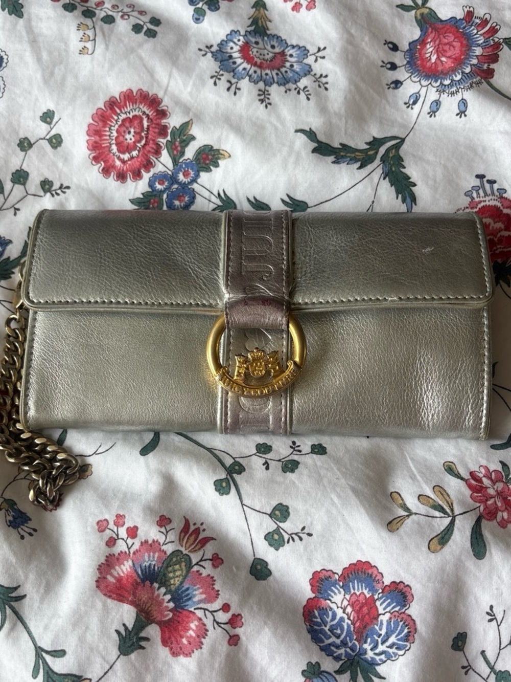 Vintage Juicy Couture Women’s Metallic Silver Leather Fold-Over Wallet Clutch